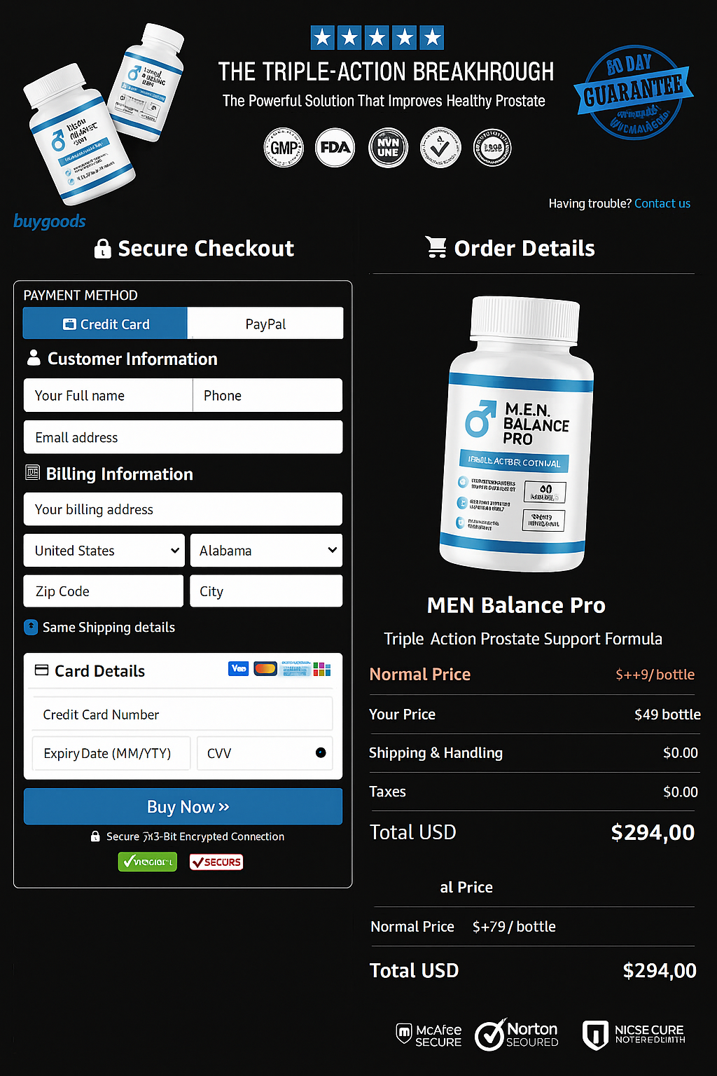 MEN Balance Pro order page